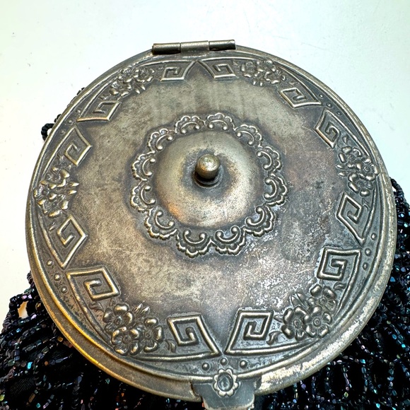 Antique Art Deco Blue Iridescent tassel beaded mirror pouch~Silver Repousse Lid - Picture 2 of 10